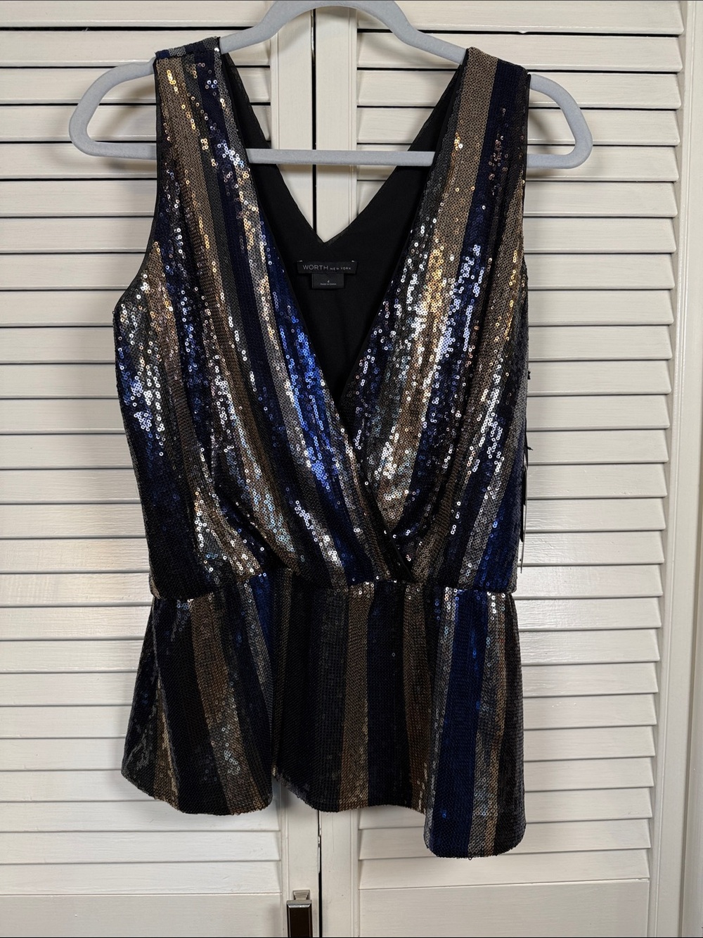 NWT Worth New York Sequin Striped Top Deep Olive Marine Blue Gold Sz 4